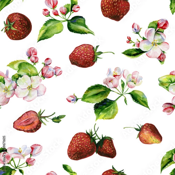 Obraz A blooming branch of apple tree in spring watercolor. Hand drawn apple tree branches and strawberry seamless pattern. Perfect for wallpaper, fabric design, textile design, cover, surface textures.