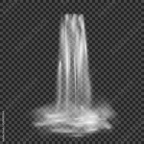 Fototapeta Realistic stream of waterfall with clear water and fog. Vector illustration isolated on transparent background