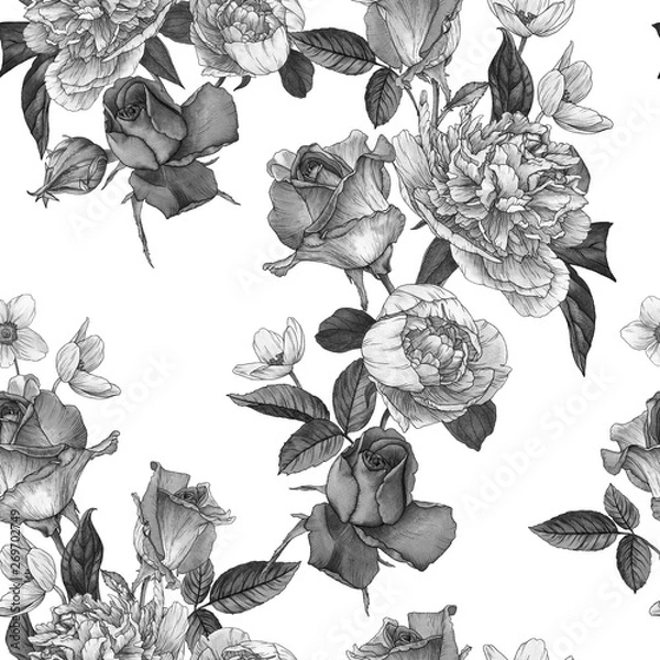 Fototapeta Floral seamless pattern with watercolor white peonies, anemones and roses on white background. Monochrome seamless pattern
