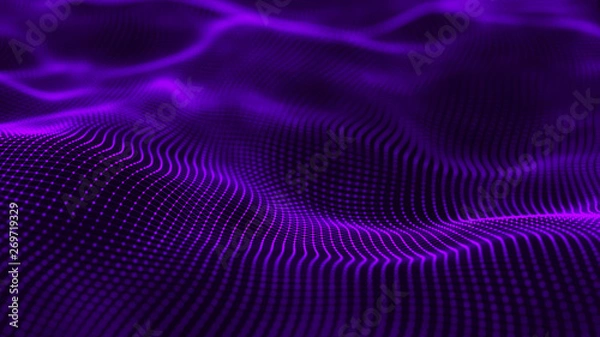 Fototapeta Wavy surface with many connected dots and lines. Abstract futuristic background. 3D rendering.