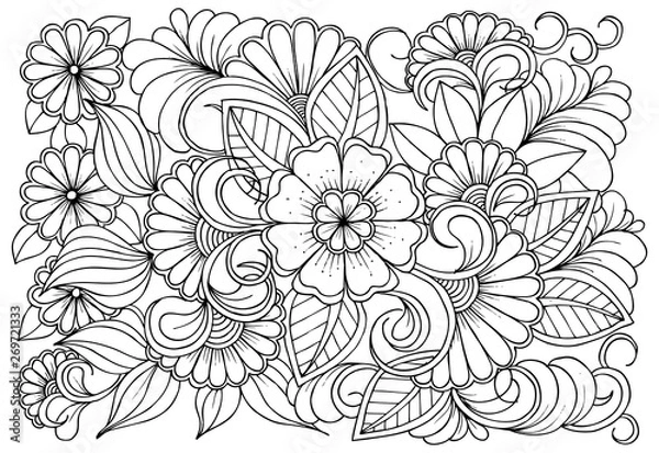 Obraz Coloring page in black and white for colouring book. Leafs and flowers  in monocrome colors. Doodles pattern vector