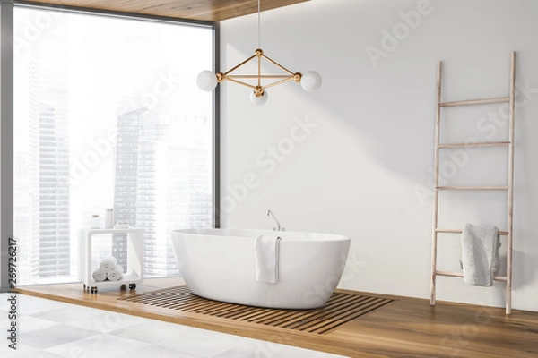 Fototapeta Wood floor bathroom corner with tub
