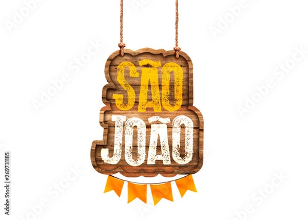 Obraz Festa Junina com bandeiras de fundo para varejo. Selo promocional 3d Brasil para festa de junho de cartão ou cartaz para  férias.  Selo São João e arraiá. Tipografia festiva