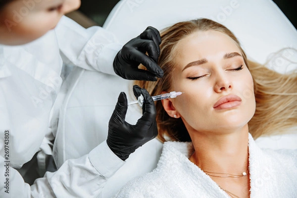 Obraz Młoda kobieta otrzymująca zastrzyk chirurgii plastycznej na twarzy