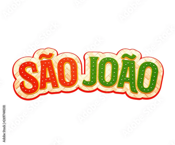 Fototapeta Festa Junina com bandeiras de fundo para varejo. Selo promocional 3d Brasil para festa de junho de cartão ou cartaz para férias. Selo São João e arraiá. Tipografia festiva