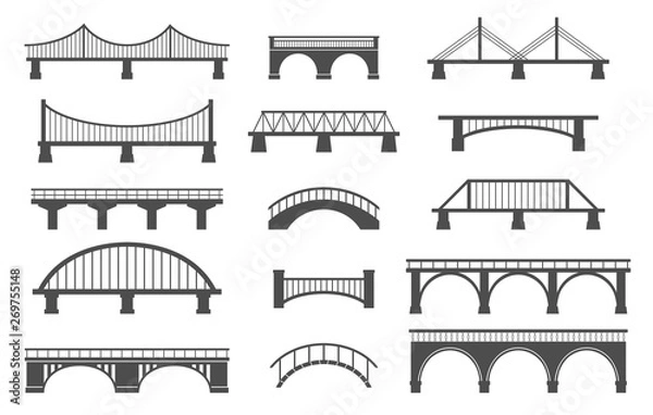 Fototapeta Zestaw różnych mostów. Na białym tle Czarny i biały. Ilustracji wektorowych.