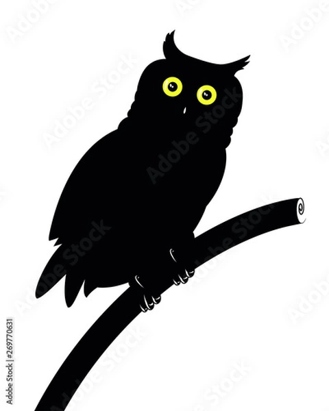Fototapeta Black silhouette of owl with yellow eyes. Vector.