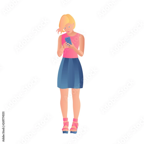 Obraz A blonde girl in a t-shirt and skirt is standing, holding the smartphone in front of her with both hands. Woman in summer clothes is looking at the screen of a mobile gadget. Flat vector illustration.
