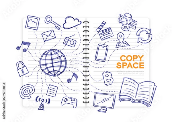 Obraz Notebook with kid hand drawing set, Internet network technology concept design illustration isolated on white background, with copy space