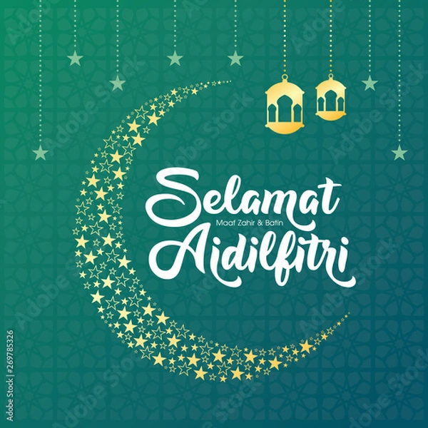 Obraz Selamat Hari Raya Aidilfitri greeting card vector illustration. (Caption: Fasting Day celebration also known as Eid al-Fitr)