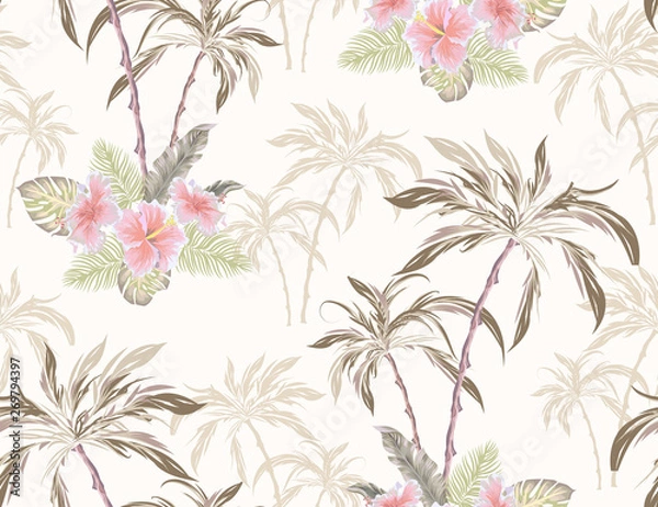 Fototapeta Tropical seamless pattern with hibiscus flower, palm tree, palm leaves,. Vector patch for wallpapers, fabric, surface textures, textile.