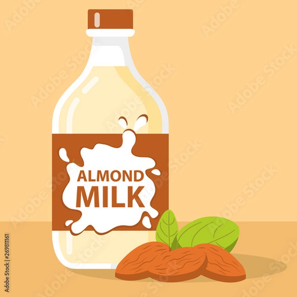Fototapeta Almond Milk with nuts.Lactose free.Plant drink dairy-free healthy nutrients.Beverage vegeterianets and vegan vegetable product.Flat vector.