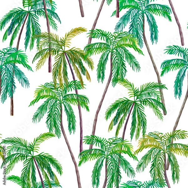 Fototapeta Beautiful acrylic seamless floral summer pattern with palm trees. Perfect for wallpapers, web page backgrounds, surface textures, textile. Acrylic paint texture on white background. 