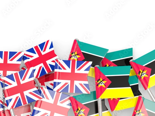 Fototapeta Pins with flags of UK and mozambique isolated on white.