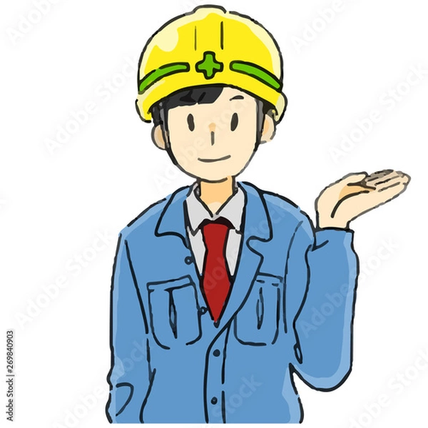 Fototapeta 青い作業着とヘルメットの男性　案内