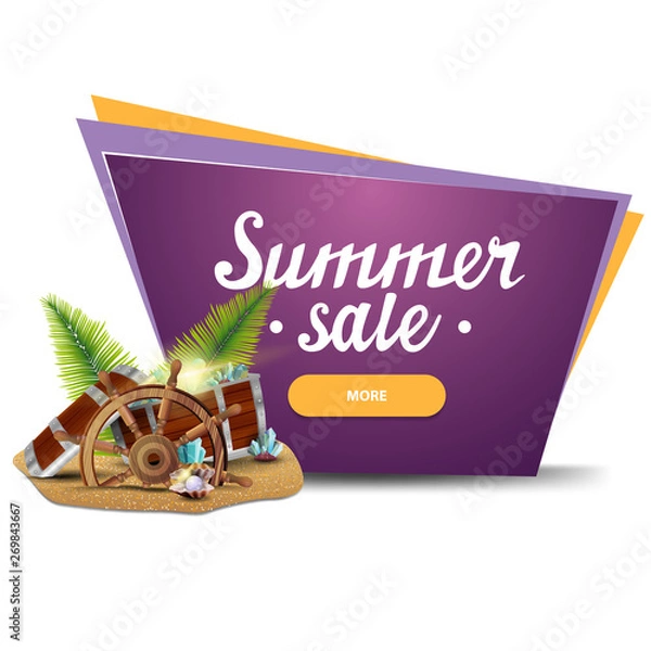 Fototapeta Summer sale, geometric clickable web banner for your business with treasure chest, ship steering wheel, palm leaves, gems and pearls