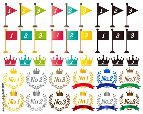 Fototapeta 王冠　数字　月桂樹　ランキング　旗　フラグ　メダル　リボン