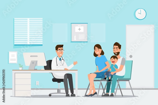 Obraz Medical concept with doctor and patients in flat cartoon on hospital hall