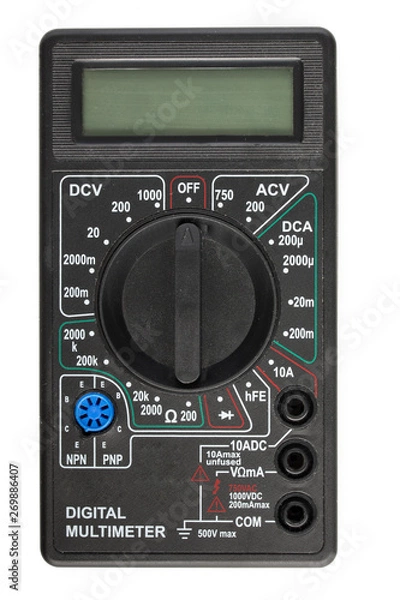Fototapeta New digital multimeter, ammeter tester isolated on white background, top view.