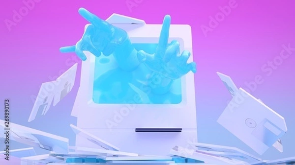 Fototapeta Future Retro 80s vintage neon gradient computer and mouse  abstract hands
