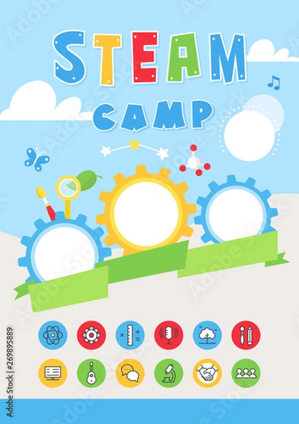 Obraz Steam Education Kids Summer Camp Colorful Poster and Steam Icons Set. Vector Flat Design
