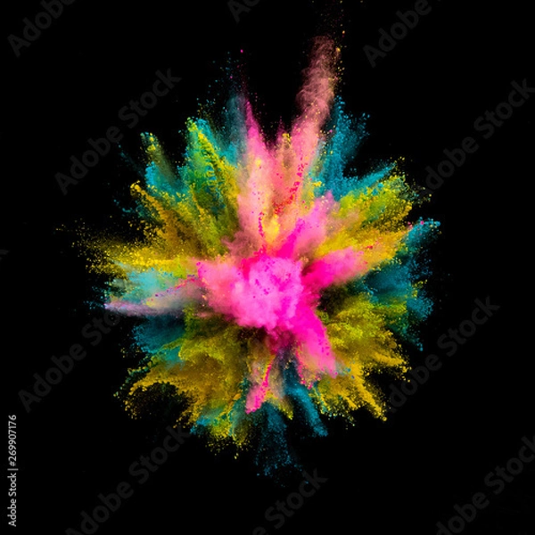 Fototapeta Colored powder explosion on black background. Freeze motion.