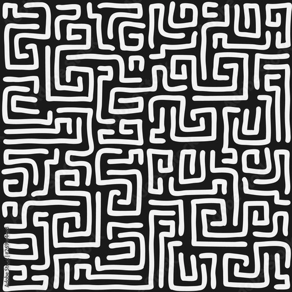 Fototapeta Vector seamless pattern with hand drawn labyrinth on black background.