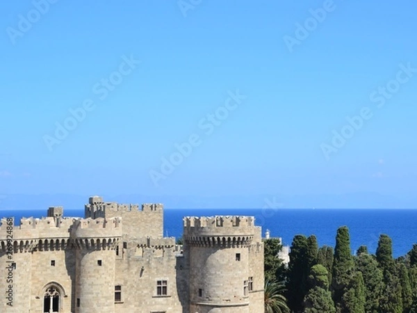 Obraz Rhodes, Greece. Aerial view from Rhodes town, sea view. Palace of the Grand Master of the Knights of Rhodes also known as the Kastello - Gothic architecture in Greece