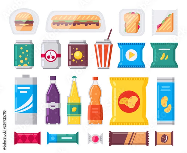 Fototapeta Fast food snack and drink pack, vector icons set in flat style. Vending products collection. Snacks, drinks, chips, cracker, coffee, sandwich isolated on white background.