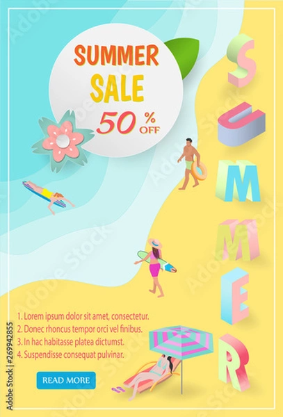 Fototapeta Summer vacation ads template with people in summer, girls in bathing suits, sand, sea, beach, big letters, beach summer accessories. isometric illustration - Vector 