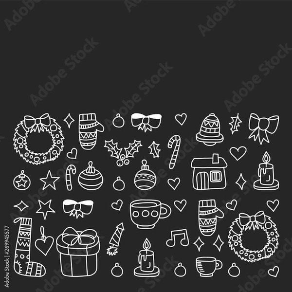 Fototapeta Vector set of Christmas, holiday icons in doodle style. Painted, black monochrome, chalk pictures on a blackboard.
