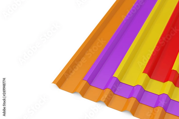 Fototapeta Stack of Colour Metal Zinc Galvanized Wave Sheets for Roof. 3d Rendering