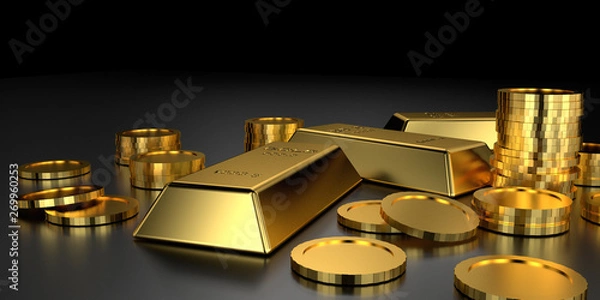 Fototapeta Gold bars for website banner. 3D rendering.