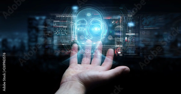 Fototapeta Businessman using digital artificial intelligence head interface 3D rendering