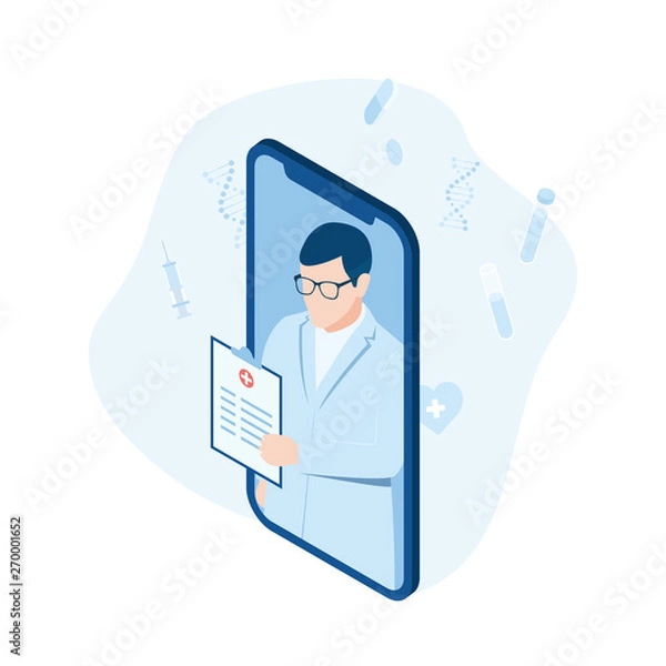 Obraz Consultation with professional doctor online on a smartphone. Online medical consultation concept. Online healthcare: medical app on mobile device.