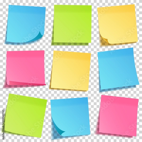 Obraz Realistic sticky note with shadow. Yellow paper set. Message on notepaper. Reminder. Vector illustration.