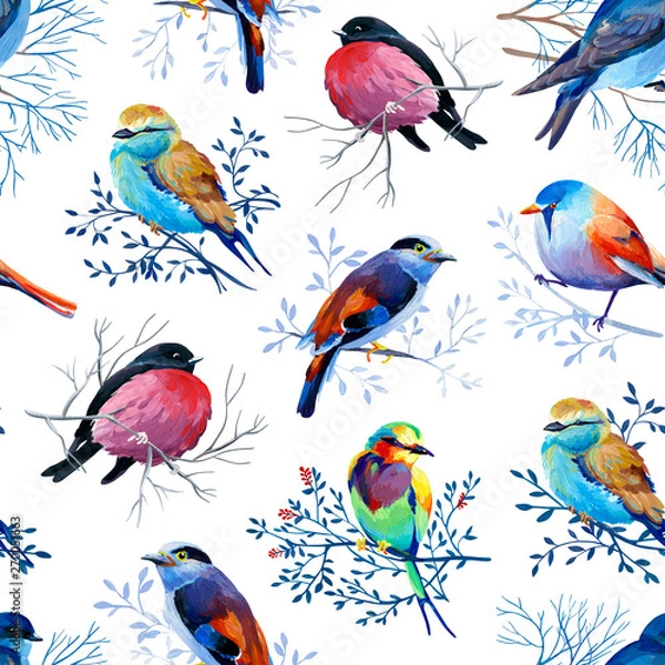 Fototapeta Gouahe seamless pattern with bright birds on branches