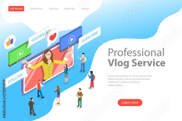 Fototapeta Flat isometric vector landing page template of vlog, video blog, online channel, creating quality content.