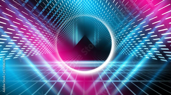Fototapeta Background of empty stage show. Neon light and laser show. Laser futuristic shapes on a dark background. Abstract dark background with neon glow