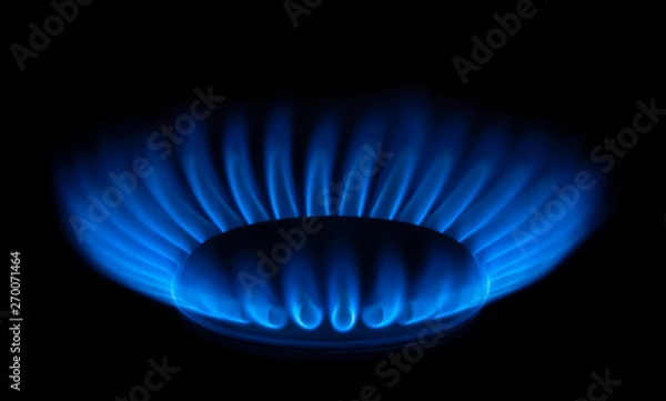 Obraz Burning gas burner with blue flame on black background