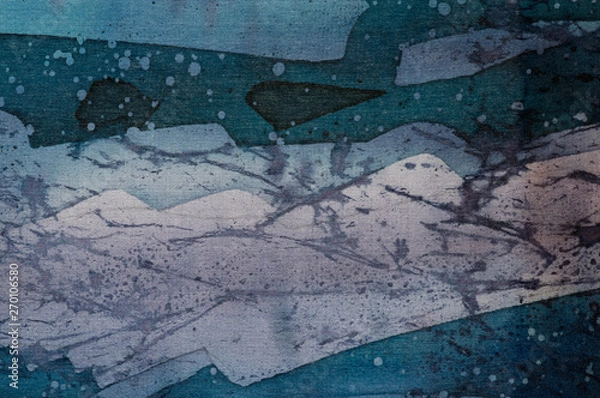 Fototapeta Abstraction, turquoise and violet, hot batik, background texture, handmade on silk, abstract surrealism art