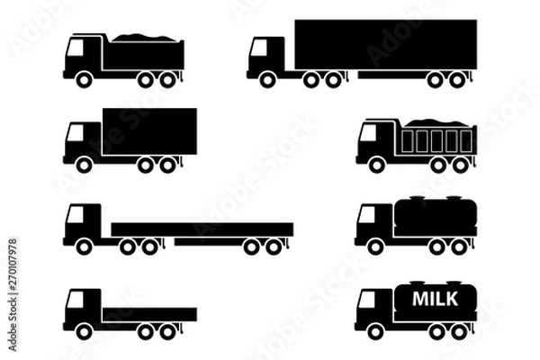 Obraz Zestaw ciężarówek. Czarne sylwetki pojazdów przemysłowych. Rysunek wektor. Pojedyncze obiekty na białym tle. Izolować.
