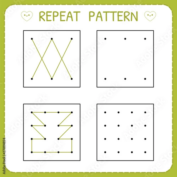 Fototapeta Kindergarten educational game for kids. Repeat pattern. Working pages for children. Preschool worksheet for practicing motor skills