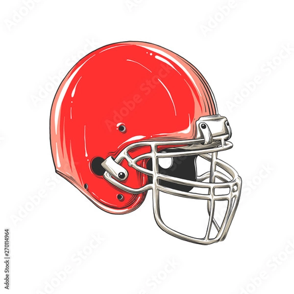Fototapeta Vector drawing of american football helmet in color, isolated on white background. Graphic illustration, hand drawing. Drawing for posters, decoration and print. Vector illustration