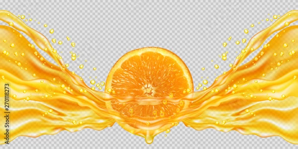 Fototapeta Orange juice and fruit. Transparent orange juice splash. Horizontal seamless pattern. The right and left sides of the illustration seamlessly fit together. Realistic vector illustration.