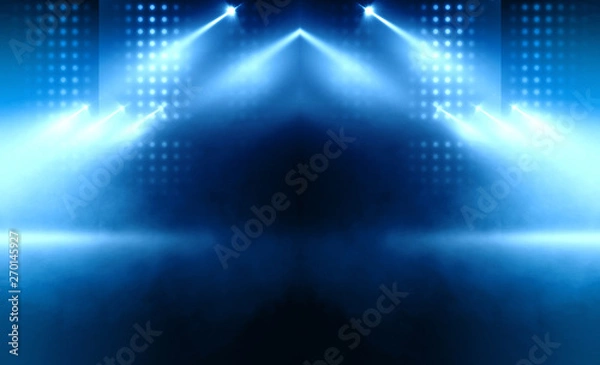 Fototapeta Background of empty stage show. Neon light and laser show. Laser futuristic shapes on a dark background. Abstract dark background with neon glow