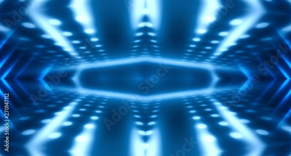 Fototapeta Background of empty stage show. Neon light and laser show. Laser futuristic shapes on a dark background. Abstract dark background with neon glow