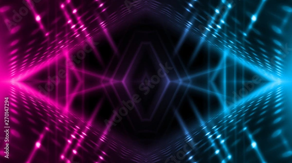 Fototapeta Dark abstract futuristic background. Neon lines, glow. Neon lines, shapes. Pink and blue glow