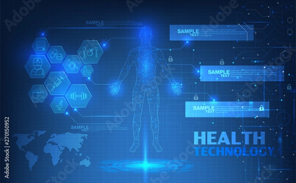Fototapeta abstract technological health care; science blue print; scientific interface; futuristic backdrop; digital blueprint of human; 3D body part of human,icons health vector illustration.