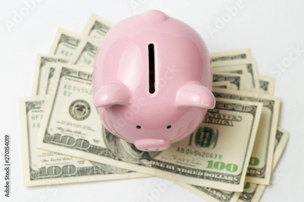 Fototapeta Pig piggy bank on the background of 100 US dollar bills and physical coins of bitcoins. Concept of wealth and exchange.	